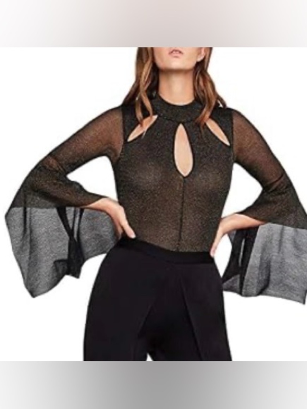 BCBGMaxAzria fitted Blouse. Black/gold specs Metallic Long-Sleeve Keyhole